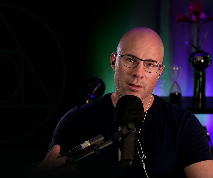 Adam Cox recording The Hypnotist podcast in his studio